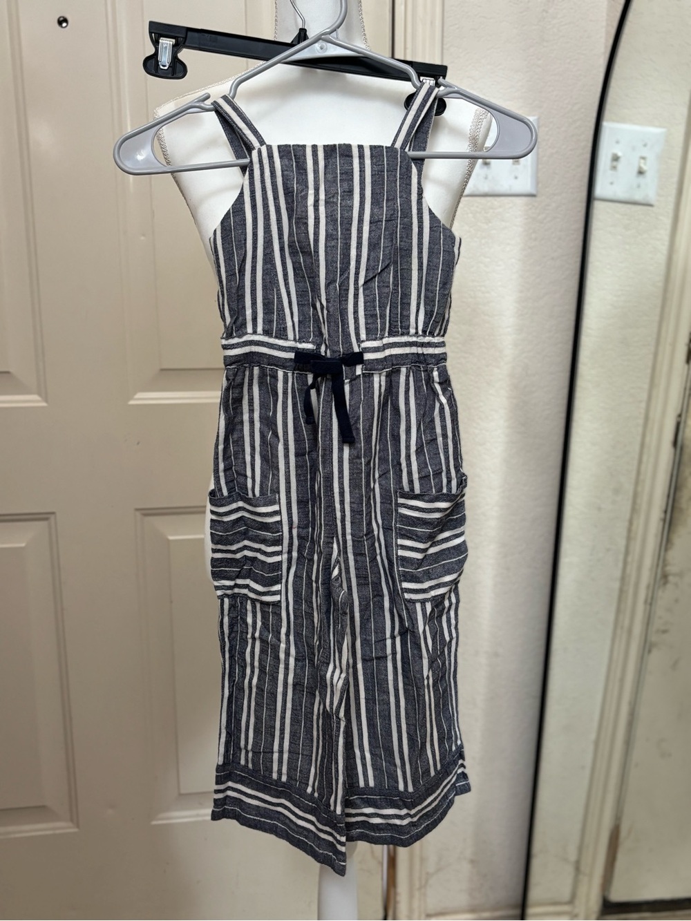 bebe Grey and White Striped Linen-Blend Jumpsuit